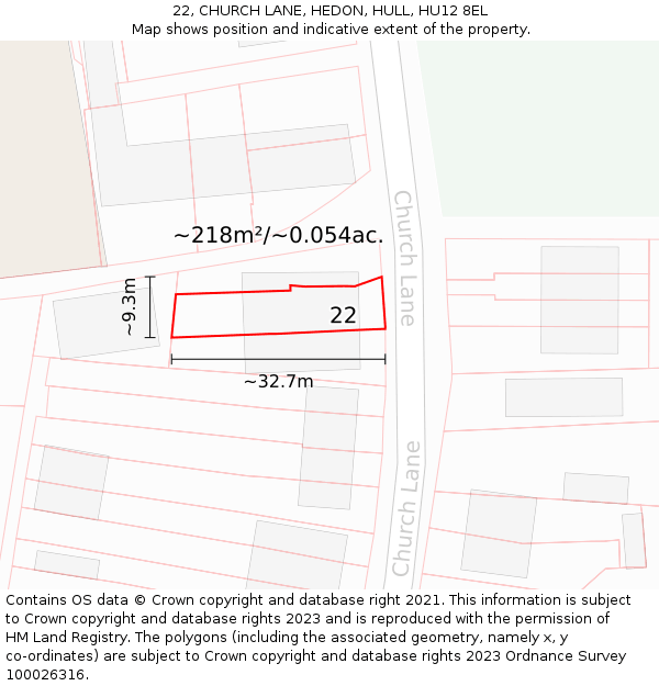 22, CHURCH LANE, HEDON, HULL, HU12 8EL: Plot and title map
