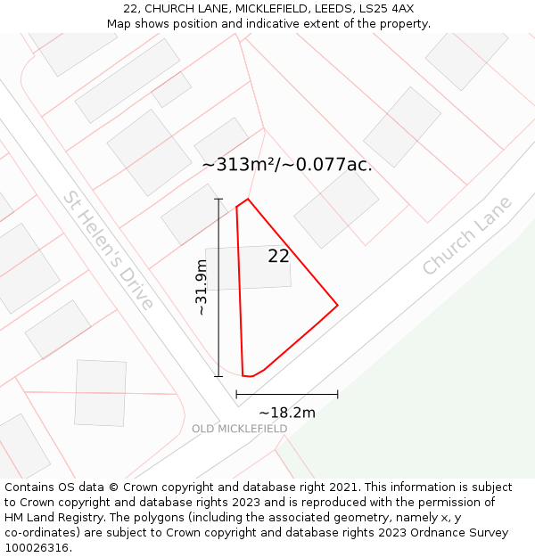 22, CHURCH LANE, MICKLEFIELD, LEEDS, LS25 4AX: Plot and title map