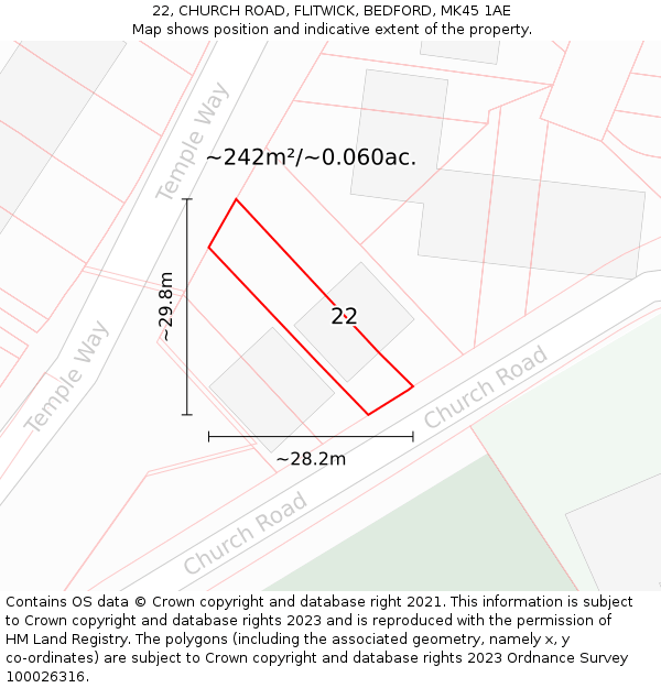 22, CHURCH ROAD, FLITWICK, BEDFORD, MK45 1AE: Plot and title map