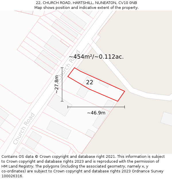 22, CHURCH ROAD, HARTSHILL, NUNEATON, CV10 0NB: Plot and title map