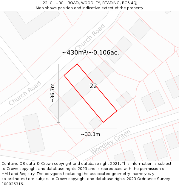 22, CHURCH ROAD, WOODLEY, READING, RG5 4QJ: Plot and title map