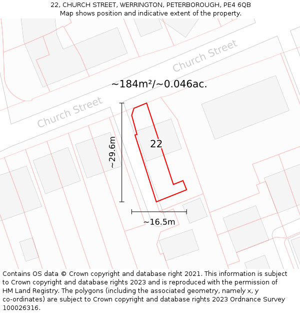 22, CHURCH STREET, WERRINGTON, PETERBOROUGH, PE4 6QB: Plot and title map