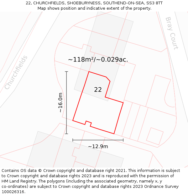 22, CHURCHFIELDS, SHOEBURYNESS, SOUTHEND-ON-SEA, SS3 8TT: Plot and title map