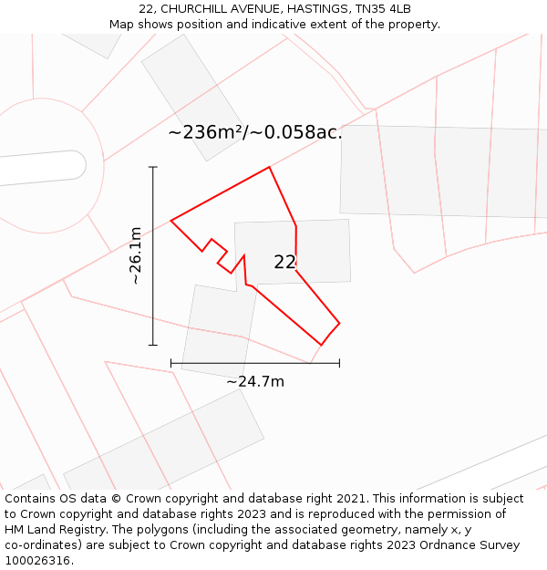 22, CHURCHILL AVENUE, HASTINGS, TN35 4LB: Plot and title map