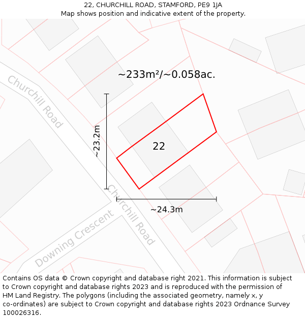 22, CHURCHILL ROAD, STAMFORD, PE9 1JA: Plot and title map