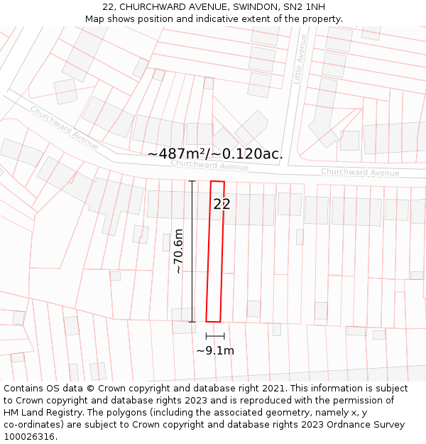 22, CHURCHWARD AVENUE, SWINDON, SN2 1NH: Plot and title map