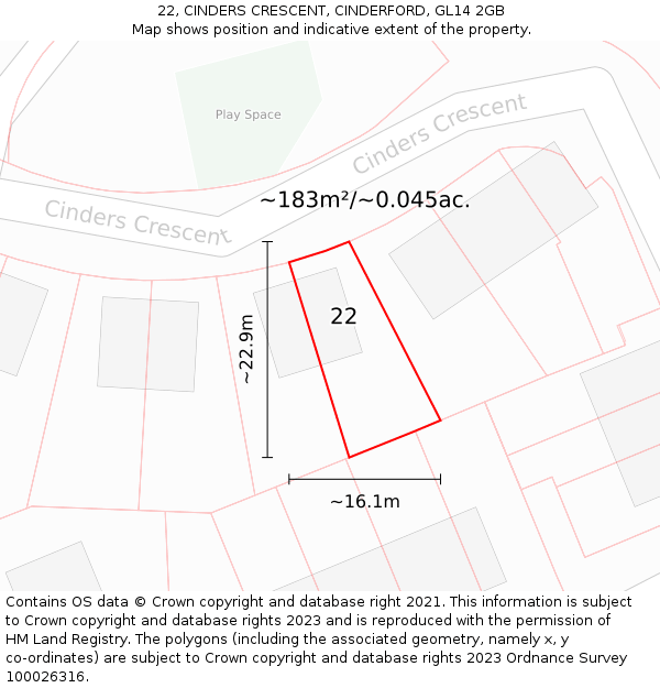 22, CINDERS CRESCENT, CINDERFORD, GL14 2GB: Plot and title map