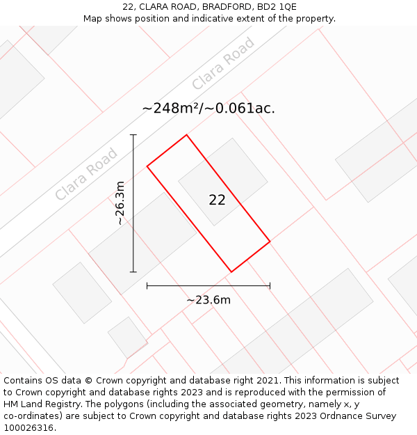22, CLARA ROAD, BRADFORD, BD2 1QE: Plot and title map