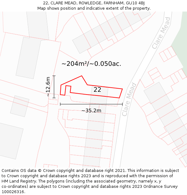 22, CLARE MEAD, ROWLEDGE, FARNHAM, GU10 4BJ: Plot and title map