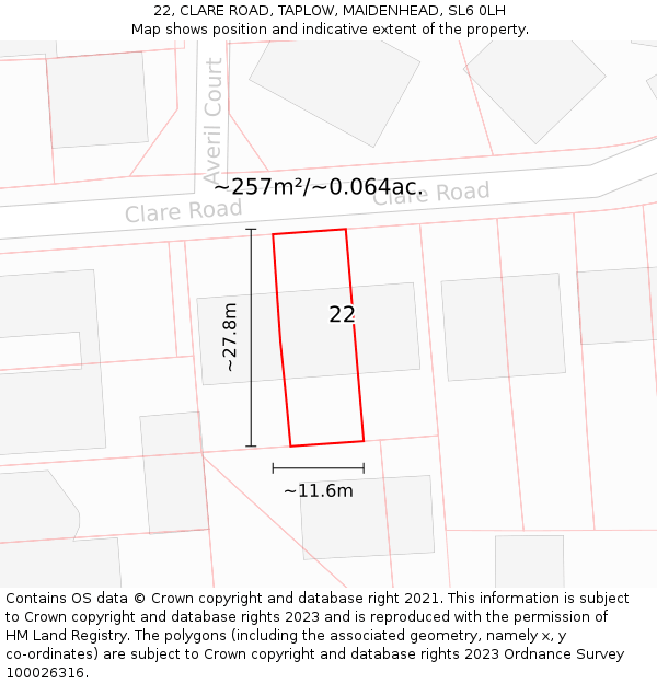 22, CLARE ROAD, TAPLOW, MAIDENHEAD, SL6 0LH: Plot and title map