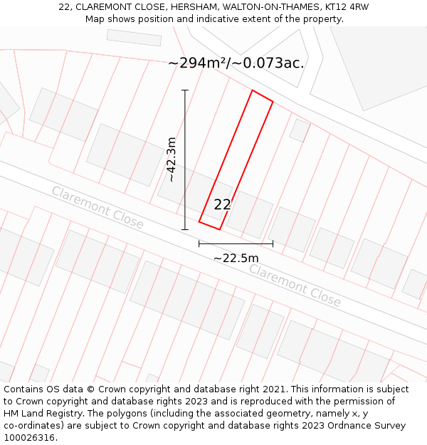 22, CLAREMONT CLOSE, HERSHAM, WALTON-ON-THAMES, KT12 4RW: Plot and title map