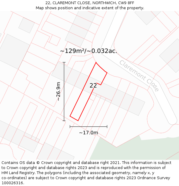 22, CLAREMONT CLOSE, NORTHWICH, CW9 8FF: Plot and title map