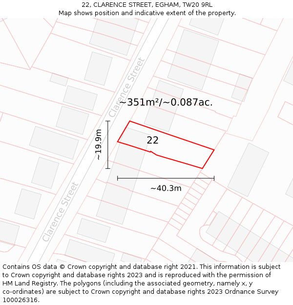 22, CLARENCE STREET, EGHAM, TW20 9RL: Plot and title map