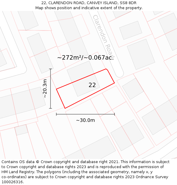 22, CLARENDON ROAD, CANVEY ISLAND, SS8 8DR: Plot and title map