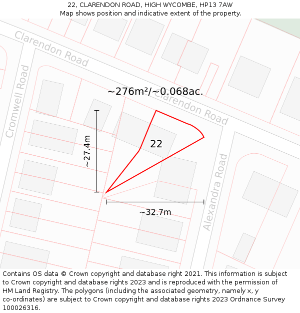 22, CLARENDON ROAD, HIGH WYCOMBE, HP13 7AW: Plot and title map