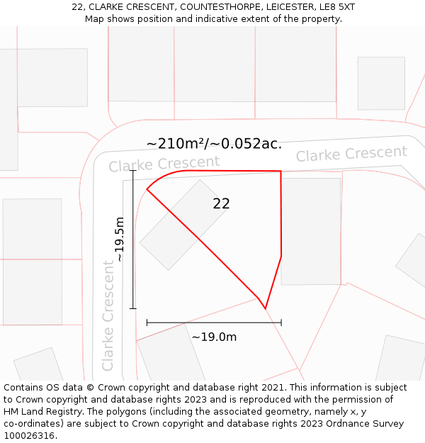 22, CLARKE CRESCENT, COUNTESTHORPE, LEICESTER, LE8 5XT: Plot and title map