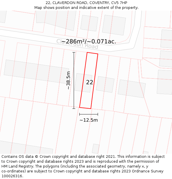 22, CLAVERDON ROAD, COVENTRY, CV5 7HP: Plot and title map