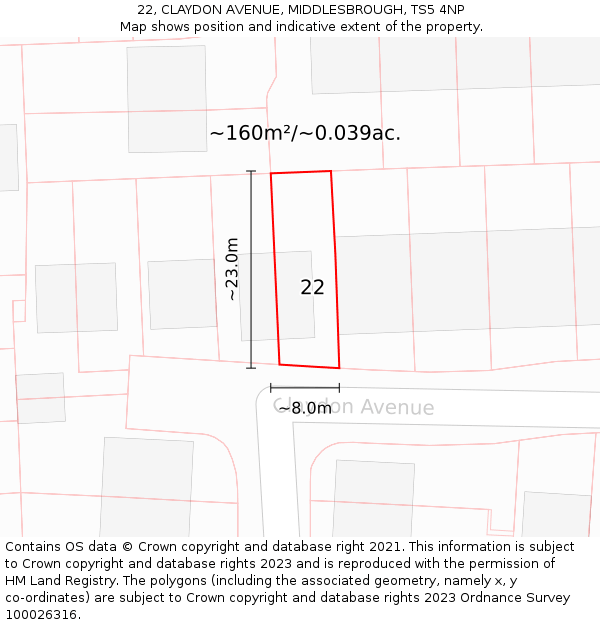 22, CLAYDON AVENUE, MIDDLESBROUGH, TS5 4NP: Plot and title map