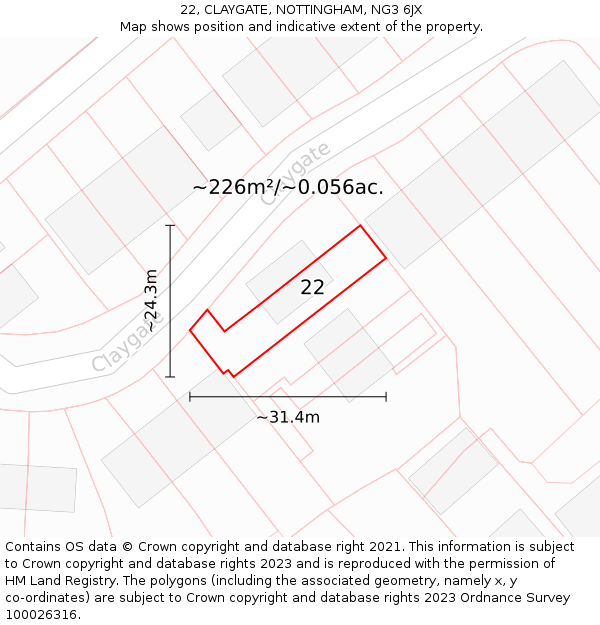 22, CLAYGATE, NOTTINGHAM, NG3 6JX: Plot and title map
