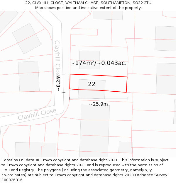 22, CLAYHILL CLOSE, WALTHAM CHASE, SOUTHAMPTON, SO32 2TU: Plot and title map