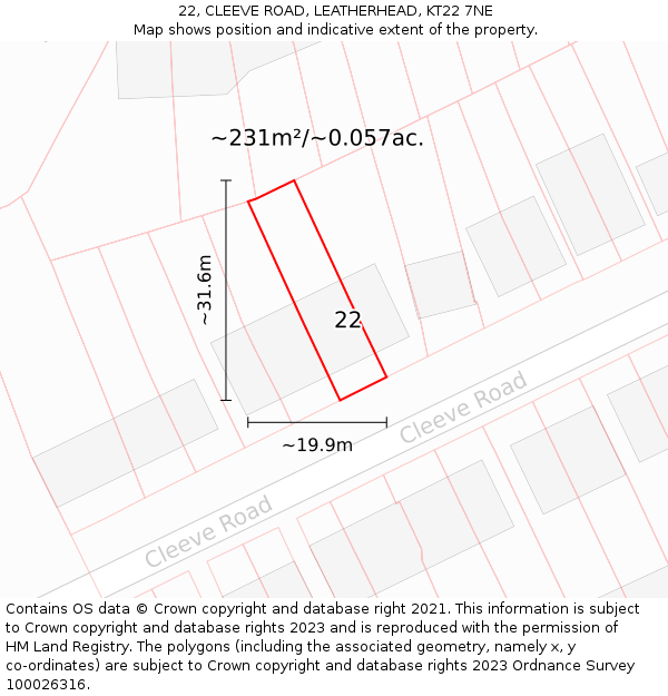 22, CLEEVE ROAD, LEATHERHEAD, KT22 7NE: Plot and title map