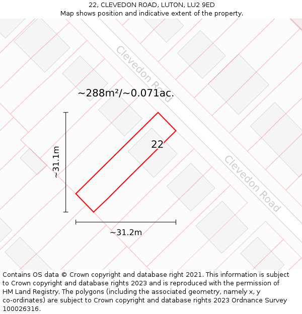 22, CLEVEDON ROAD, LUTON, LU2 9ED: Plot and title map