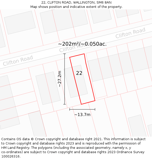22, CLIFTON ROAD, WALLINGTON, SM6 8AN: Plot and title map