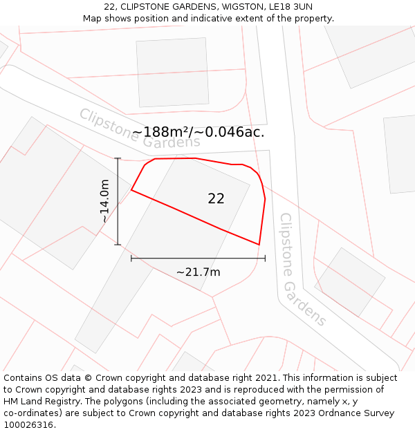 22, CLIPSTONE GARDENS, WIGSTON, LE18 3UN: Plot and title map