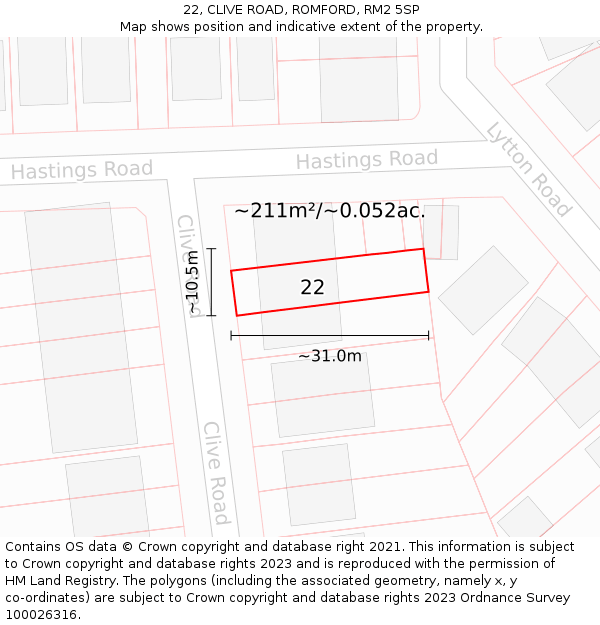 22, CLIVE ROAD, ROMFORD, RM2 5SP: Plot and title map