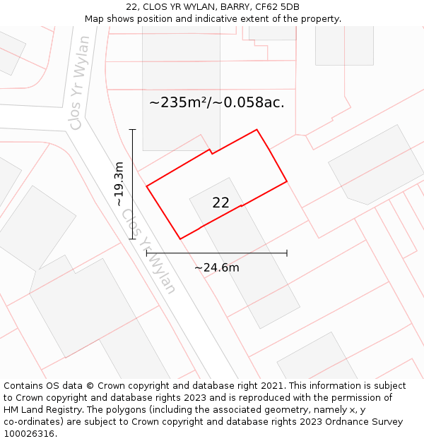 22, CLOS YR WYLAN, BARRY, CF62 5DB: Plot and title map