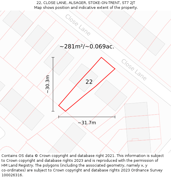22, CLOSE LANE, ALSAGER, STOKE-ON-TRENT, ST7 2JT: Plot and title map