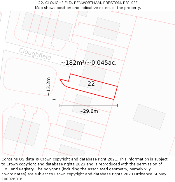 22, CLOUGHFIELD, PENWORTHAM, PRESTON, PR1 9FF: Plot and title map