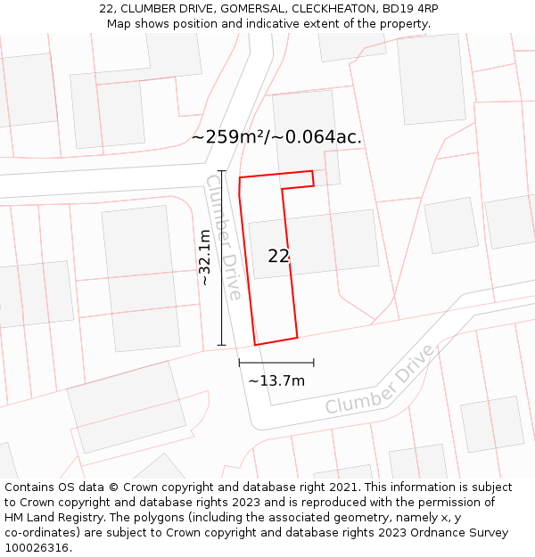 22, CLUMBER DRIVE, GOMERSAL, CLECKHEATON, BD19 4RP: Plot and title map