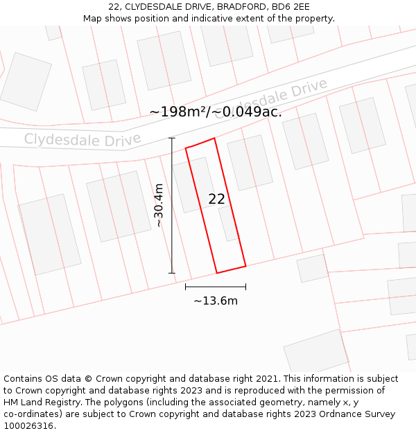 22, CLYDESDALE DRIVE, BRADFORD, BD6 2EE: Plot and title map