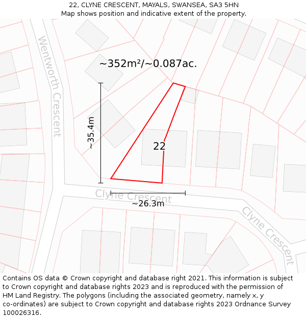22, CLYNE CRESCENT, MAYALS, SWANSEA, SA3 5HN: Plot and title map