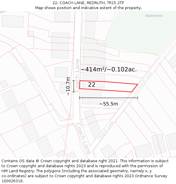 22, COACH LANE, REDRUTH, TR15 2TP: Plot and title map