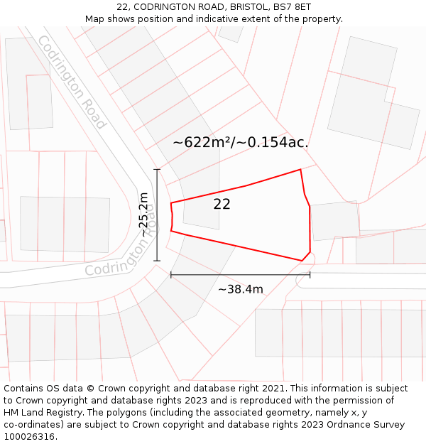 22, CODRINGTON ROAD, BRISTOL, BS7 8ET: Plot and title map