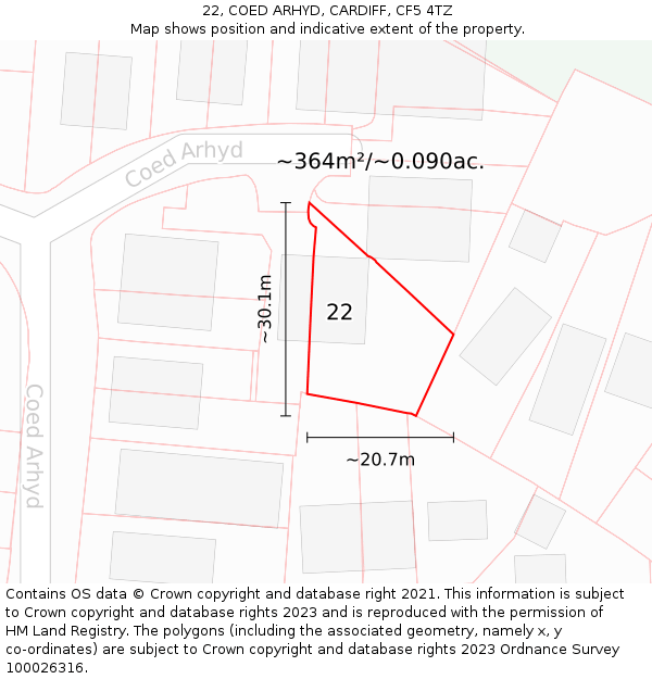 22, COED ARHYD, CARDIFF, CF5 4TZ: Plot and title map