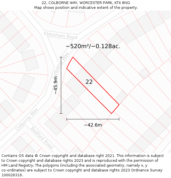 22, COLBORNE WAY, WORCESTER PARK, KT4 8NG: Plot and title map