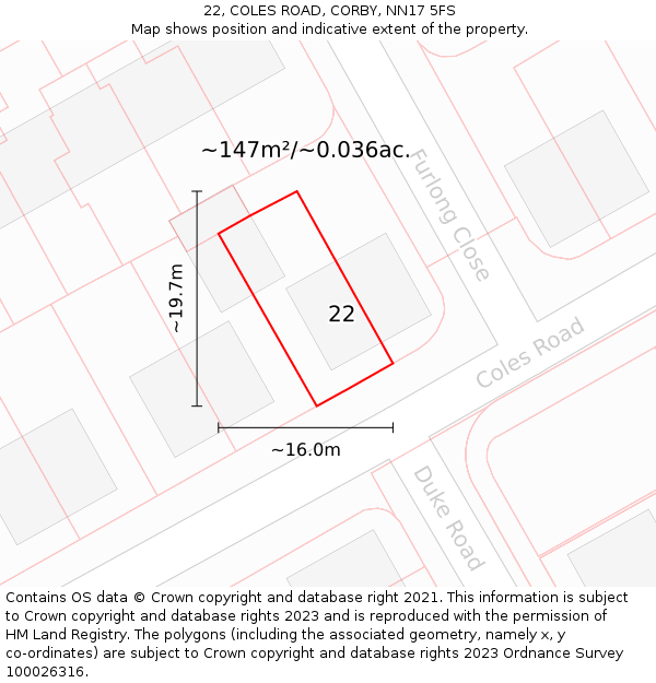 22, COLES ROAD, CORBY, NN17 5FS: Plot and title map