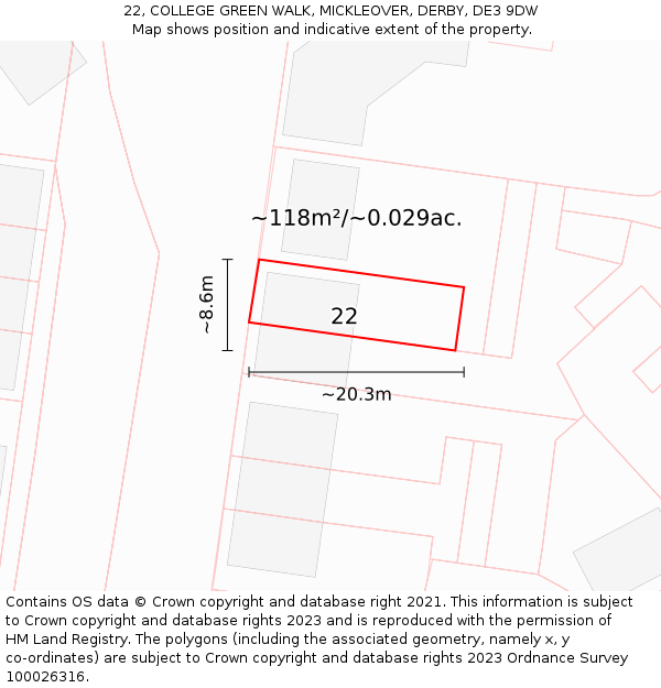 22, COLLEGE GREEN WALK, MICKLEOVER, DERBY, DE3 9DW: Plot and title map