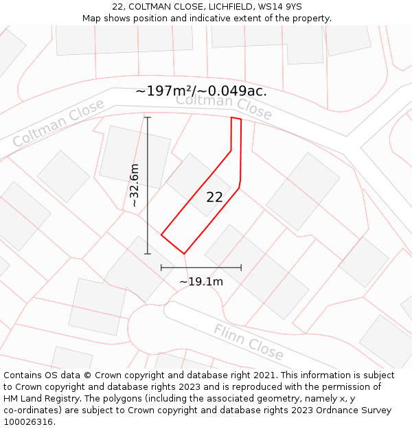 22, COLTMAN CLOSE, LICHFIELD, WS14 9YS: Plot and title map