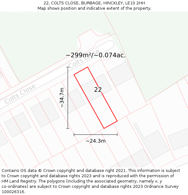 22, COLTS CLOSE, BURBAGE, HINCKLEY, LE10 2HH: Plot and title map