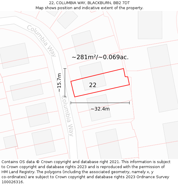 22, COLUMBIA WAY, BLACKBURN, BB2 7DT: Plot and title map