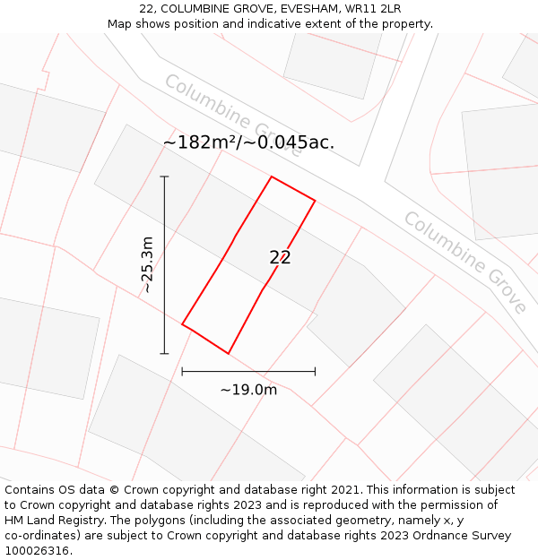 22, COLUMBINE GROVE, EVESHAM, WR11 2LR: Plot and title map