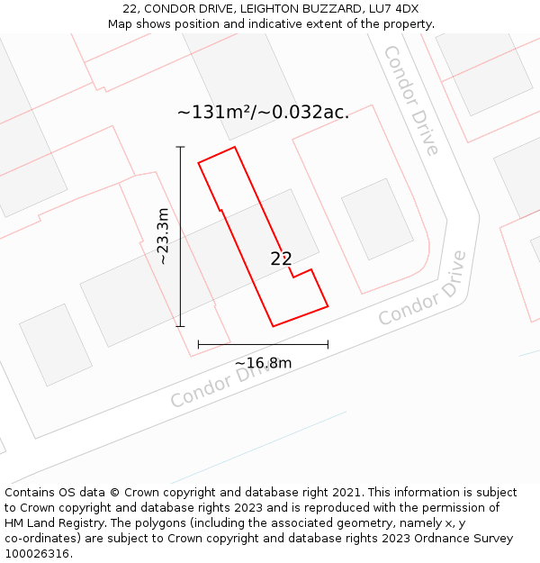 22, CONDOR DRIVE, LEIGHTON BUZZARD, LU7 4DX: Plot and title map