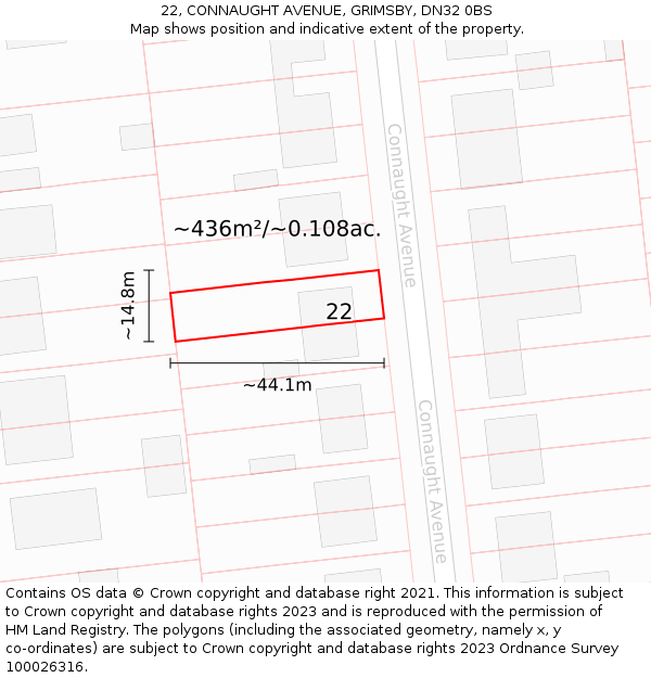 22, CONNAUGHT AVENUE, GRIMSBY, DN32 0BS: Plot and title map