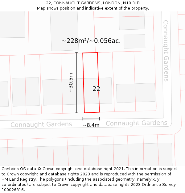 22, CONNAUGHT GARDENS, LONDON, N10 3LB: Plot and title map