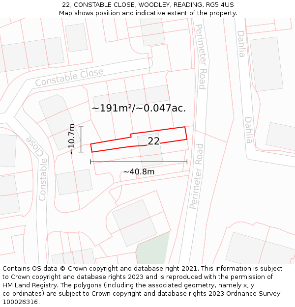 22, CONSTABLE CLOSE, WOODLEY, READING, RG5 4US: Plot and title map