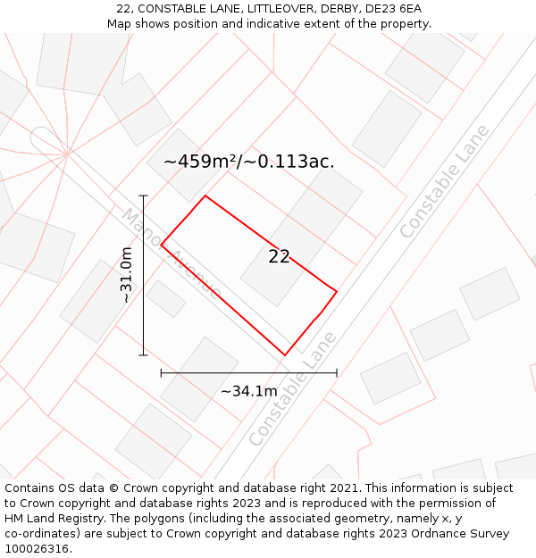 22, CONSTABLE LANE, LITTLEOVER, DERBY, DE23 6EA: Plot and title map